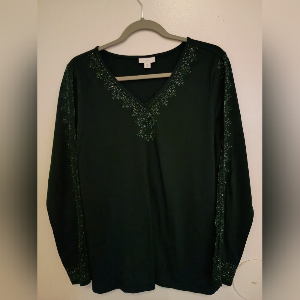J.jill Elegant Women's Green Embroidered Silver‎ Mesh Top Sz MT